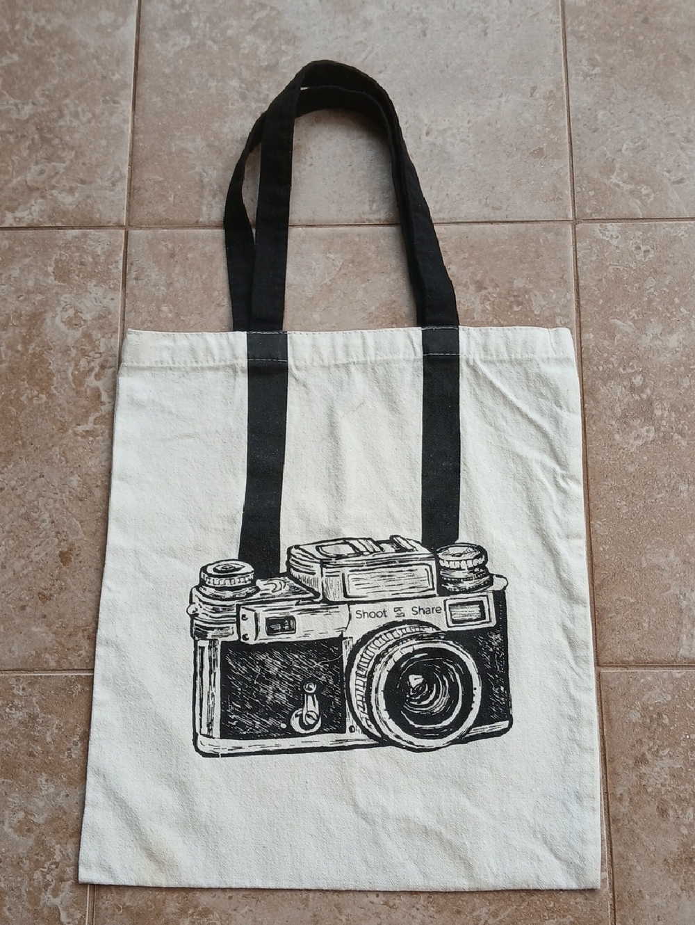 Cotton Tote Bag with Camera Print and Black Straps